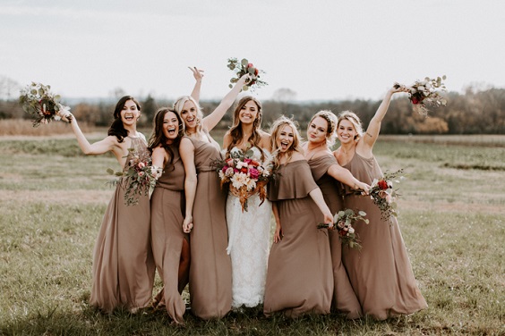 Taupe, Dusty Rose and Hot Pink Rustic Wedding Color Palettes 2023, Taupe Bridesmaid Dresses, Dusty Rose and Hot Pink Bouquets