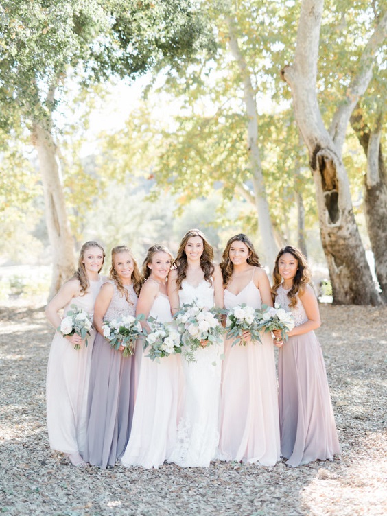 Pale Lilac, White and Blush Rustic Wedding Color Palettes 2023, Pale Lilac Bridesmaid Dresses, White Bridal Gown