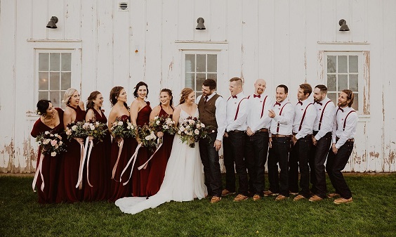 Burgundy, Dusty Rose and Deep Khaki Rustic Wedding Color Palettes 2023, Burgundy Bridesmaid Dresses, White Bridal Gown