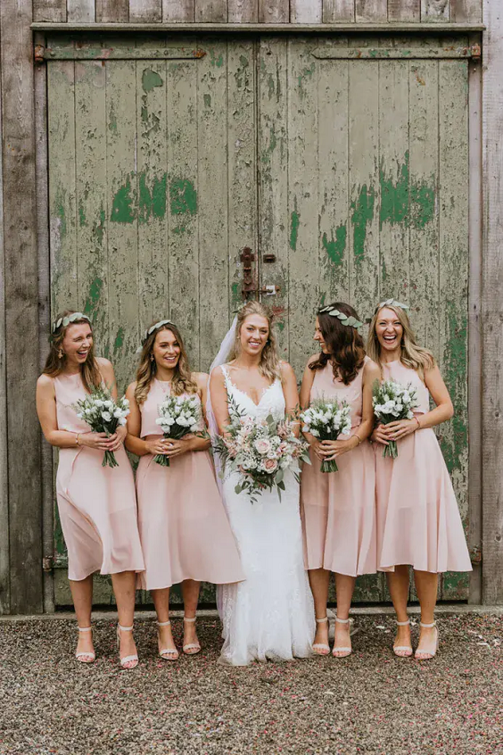 Blush, White and Light Grey Rustic Wedding Color Palettes 2023, Blush Bridesmaid Dresses, White Bridal Gown