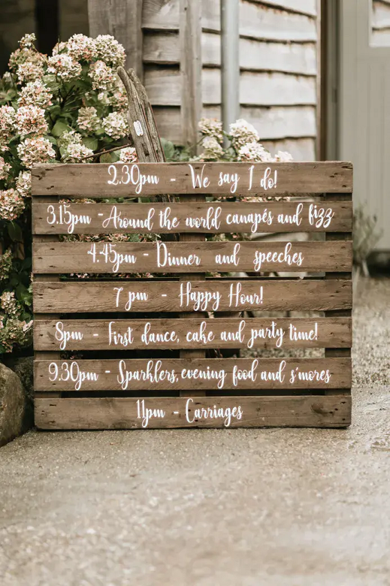 Wedding Schedule Chart for Blush, White and Light Grey Rustic Wedding Color Palettes 2023