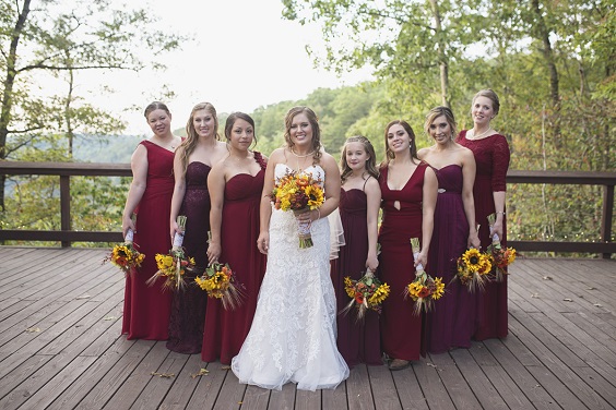 Maroon, Yellow and Burnt Orange Rustic Wedding Color Palettes 2023, Maroon Bridesmaid Dresses, Yellow and Burnt Orange Bouquets