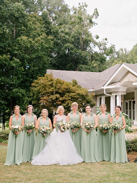 Sage Green and Peach June Wedding Color Palettes 2023, Sage Green Bridesmaid Dresses, Peach Bouquets