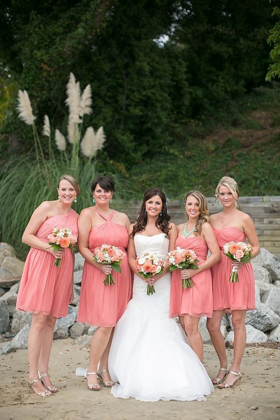 Coral and White June Wedding Color Palettes 2023, Coral Bridesmaid Dresses, White Bridal Gown