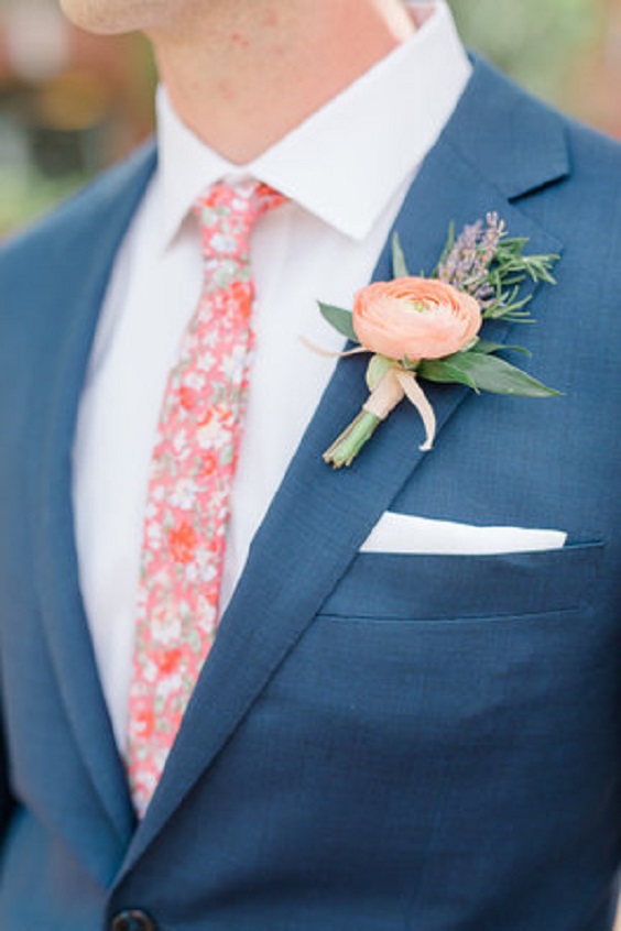Navy Blue Groom Suit Coral Tie for Coral and White June Wedding Color Palettes 2023