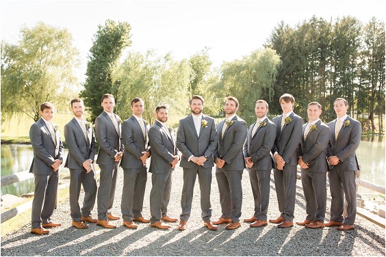 Grey Suits Yellow Ties for Groom and Groomsmen, Yellow, White and Greenery June Wedding Color Palettes 2023