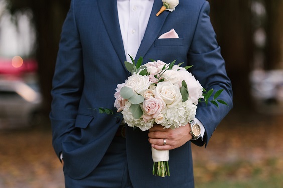 Navy Blue Groom Suit for Blush, White and Navy Blue June Wedding Color Palettes 2023