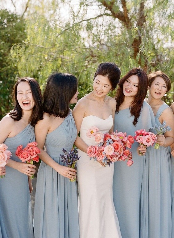 Sky Blue and Coral June Wedding Color Palettes 2023, Sky Blue Bridesmaid Dresses, Coral Bouquets