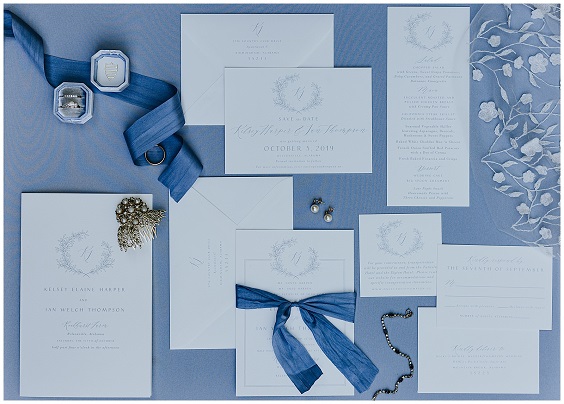 wedding invitations with dusty blue ribbons for november wedding colors 2023 shades of blue