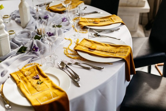 mustard yellow wedding napkins lavender flower petals decorations for november wedding colors 2023 mustard yellow and lavender