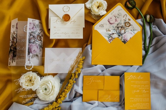 mustard yellow wedding stationery with lavender flower printing for november wedding colors 2023 mustard yellow and lavender