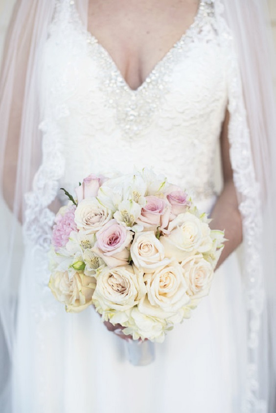 White Bridal Gown, White and Blush Bouquets for Royal Blue and Blush Wedding Color Palettes 2023