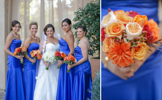 Royal Blue and Orange Wedding Color Palettes 2023, Royal Blue Bridesmaid Dresses, Orange Bouquets