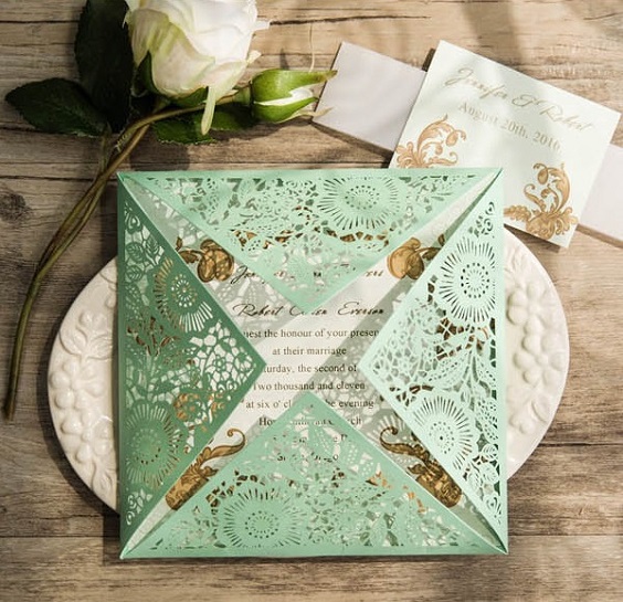 mint green laser cut wedding invites for green wedding theme 2023 mint green colors