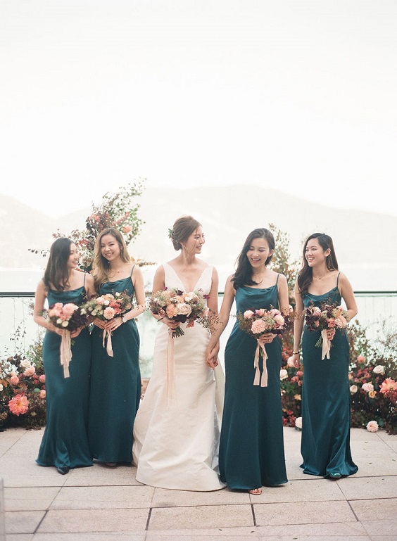 teal green bridesmaid dresses and white bridal gown for green wedding theme 2023 teal green colors