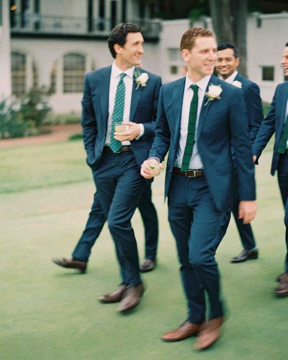 navy blue groomsmen suits with peacock ties for green wedding theme 2023 peacock green colors