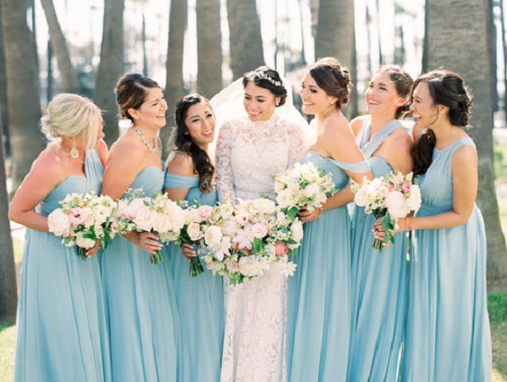 Light Blue and Blush March Wedding Color Combinations 2023, Light Blue Bridesmaid Dresses, Light Blue and Blush Bouquets