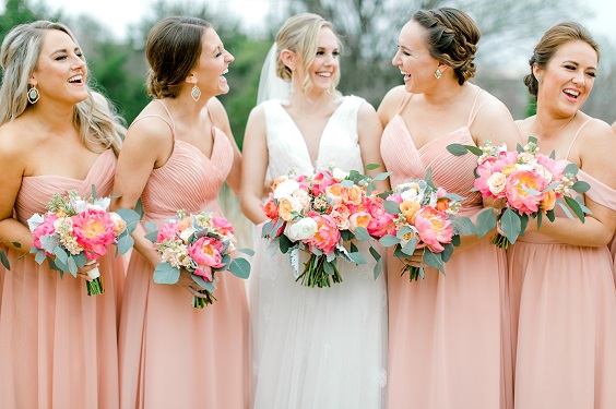 Peach and Coral March Wedding Color Combinations 2023, Peach Bridesmaid Dresses, Coral Bouquets