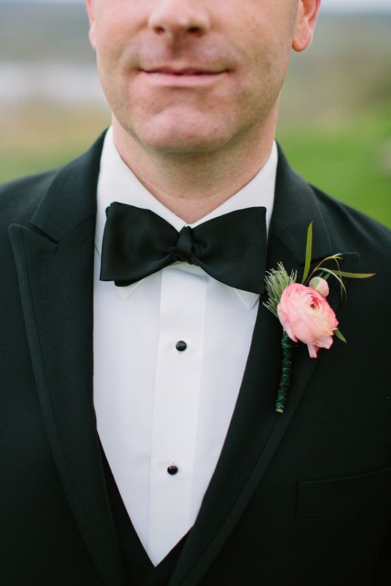 Black Groom Suit Pink Corsage for Pink and Black March Wedding Color Combinations 2023