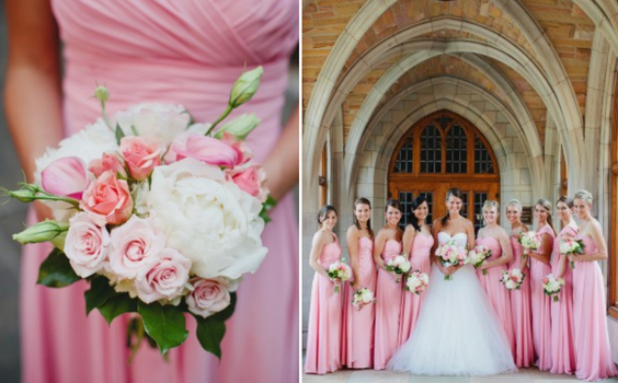 Pink and Black March Wedding Color Combinations 2023, Pink Bridesmaid Dresses, Black Groom Suit
