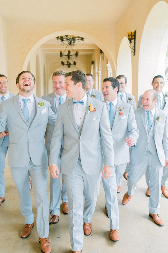 Groom and Groomsmen Wearing for Sky Blue, Yellow and Pink March Wedding Color Combinations 2023