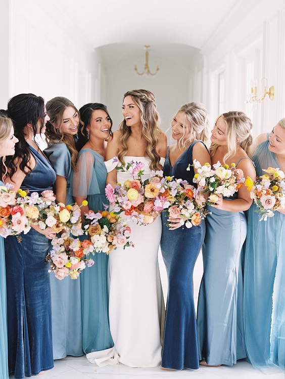 Sky Blue, Yellow and Pink March Wedding Color Combinations 2023, Sky Blue Bridesmaid Dresses, Yellow and Pink Bouquets