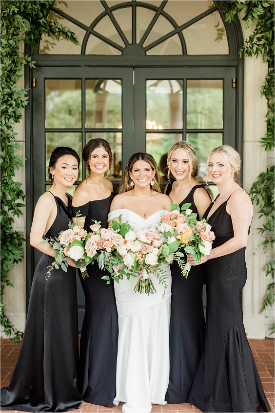 Black, White and Peach Wedding Color Combos 2023, Black Bridesmaid Dresses, Peach Bouquets