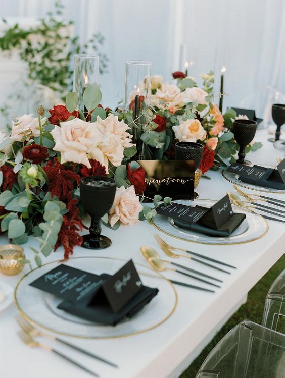 Wedding table decorations for Black, White and Burgundy Wedding Color Combos 2023