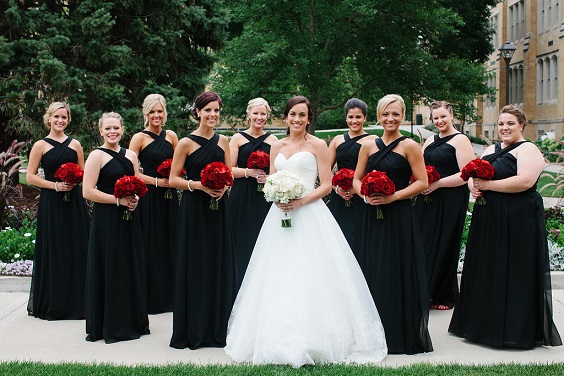 Black, White and Red Wedding Color Combos 2023, Black Bridesmaid Dresses, Red Bouquets