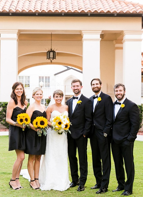 Black, White and Yellow Wedding Color Combos 2023, Black Bridesmaid Dresses, Yellow Bouquets