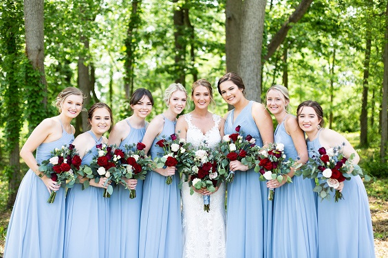 Burgundy and Dusty Blue Wedding Color Combos 2023, Dusty Blue Bridesmaid Dresses, Burgundy Bouquets