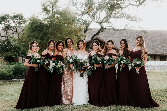Burgundy and Gold Wedding Color Combos 2023, Mismatched Burgundy and Gold Bridesmaid Dresses