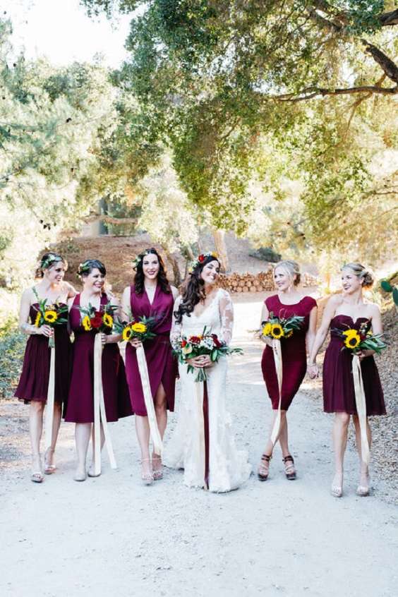 Burgundy and Sunflower Wedding Color Combos 2023, Burgundy Bridesmaid Dresses, Sunflower Bouquets
