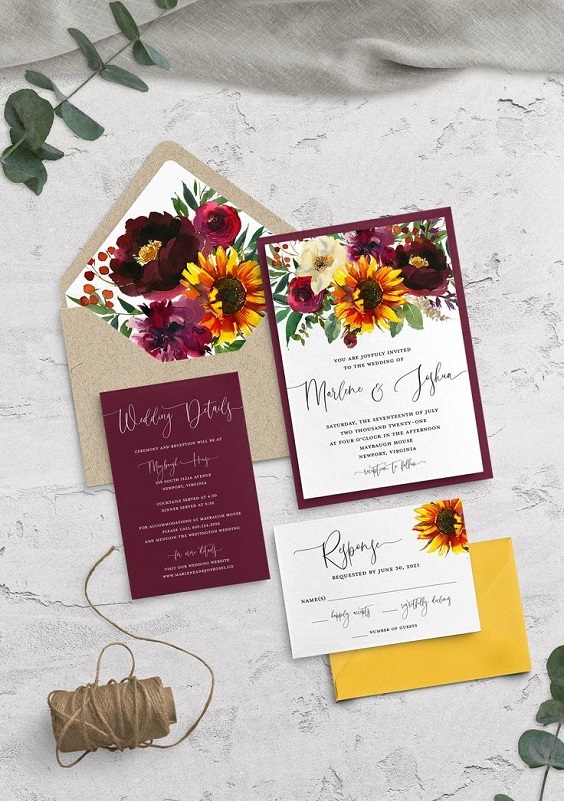 Wedding Invitations for Burgundy and Sunflower Wedding Color Combos 2023, Burgundy Bridesmaid Dresses, Sunflower Bouquets