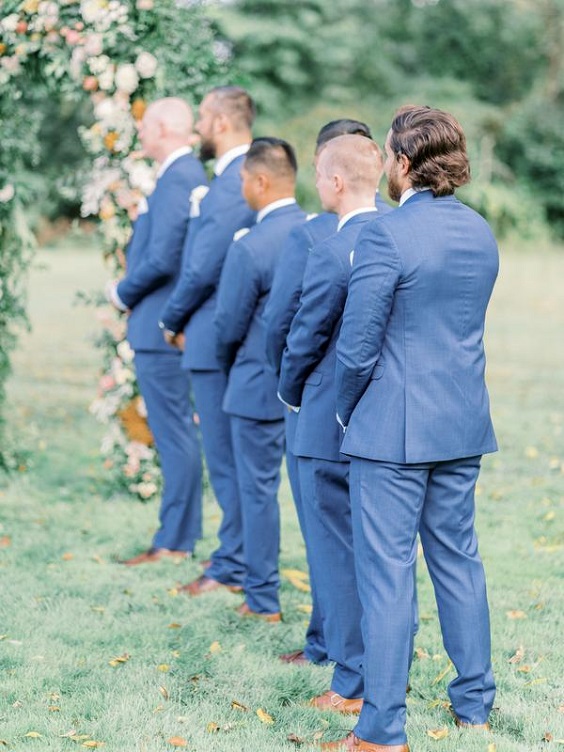 dusty blue bridegroom and groomsmen suits for april wedding color schemes for 2023 blush dusty blue and pale yellow