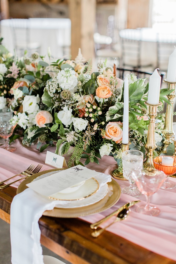 peach and white flower and greenery wedding centerpieces peach table runner for april wedding color schemes for 2023 sage and peach