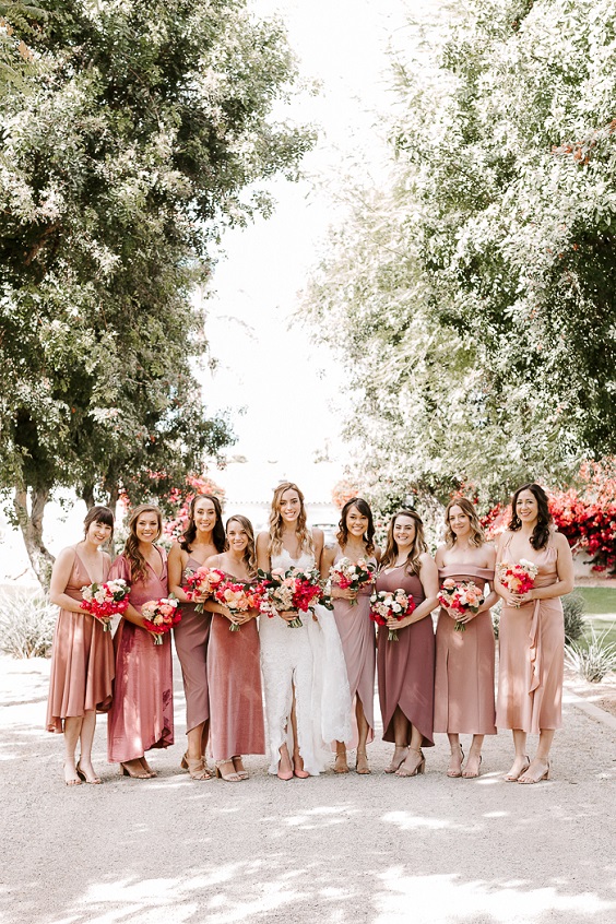 dusty rose bridesmaid dresses pink bridesmaid dresses peach bridesmaid dresseswhite bridal gown for april wedding color schemes for 2023 shades of pink and red