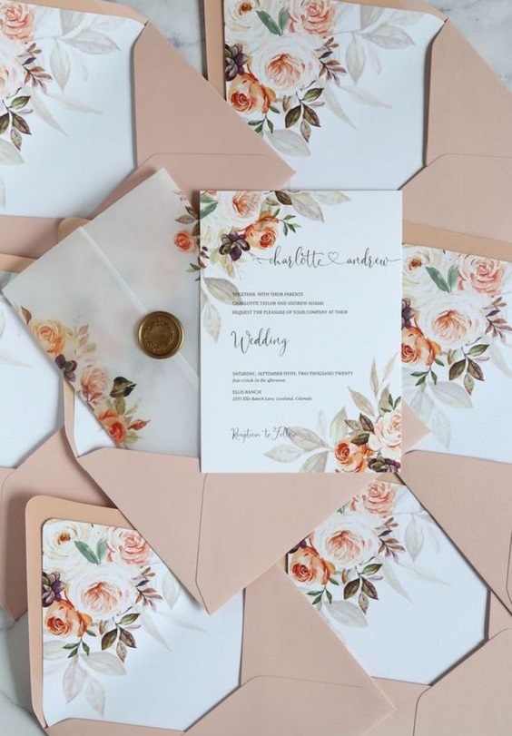 wedding stationery with white and blush flowers printing for april wedding color schemes for 2023 white blush and orange