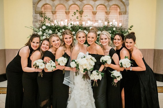 Black, White and Greenery February Wedding Color Palettes 2023, Black Bridesmaid Dresses, White Bouquets