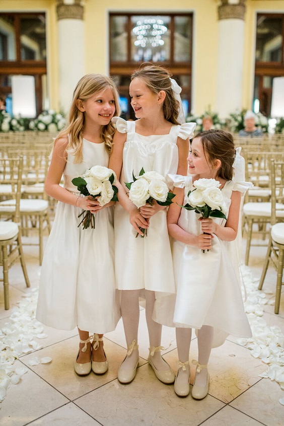 White Flower Girls Dresses for Black, White and Greenery February Wedding Color Palettes 2023