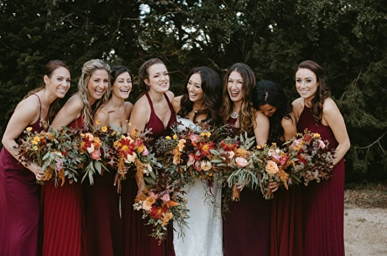 Burgundy and Yellow February Wedding Color Palettes 2023, Burgundy Bridesmaid Dresses, Yellow Bouquets