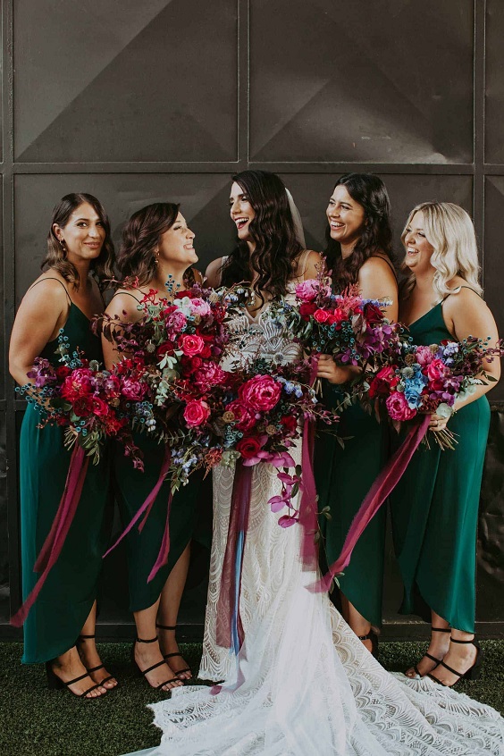 Emerald Green, Pink and Blue February Wedding Color Palettes 2023, Emerald Green Bridesmaid Dresses, Pink and Blue Bouquets