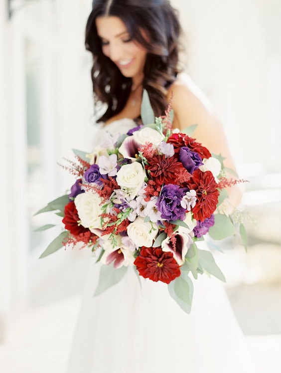 Bridal Gown and Burgundy Bouquets for Purple and Burgundy February Wedding Color Palettes 2023