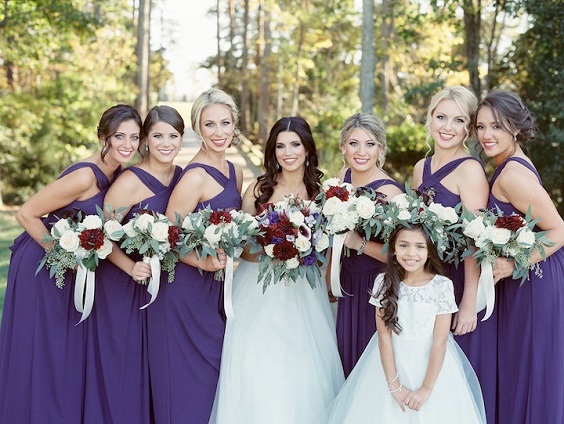 Purple and Burgundy February Wedding Color Palettes 2023, Purple Bridesmaid Dresses, Burgundy Bouquets
