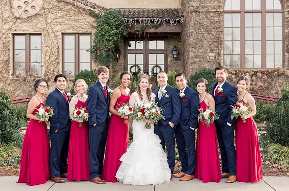 Navy Blue Groom Groomsmen Attire for Red and Navy Blue February Wedding Color Palettes 2023