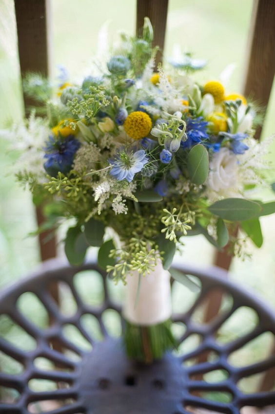 navy blue green and yellow wildflower bridal bouquet for yellow weddding themes for 2023 yellow and navy