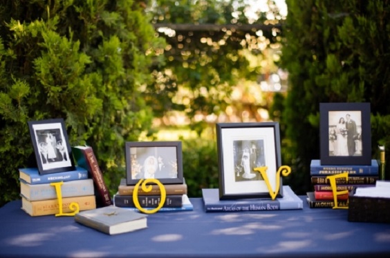 sweetheart table with navy tablecloth and yellow letter of LOVE for yellow weddding themes for 2023 yellow and navy