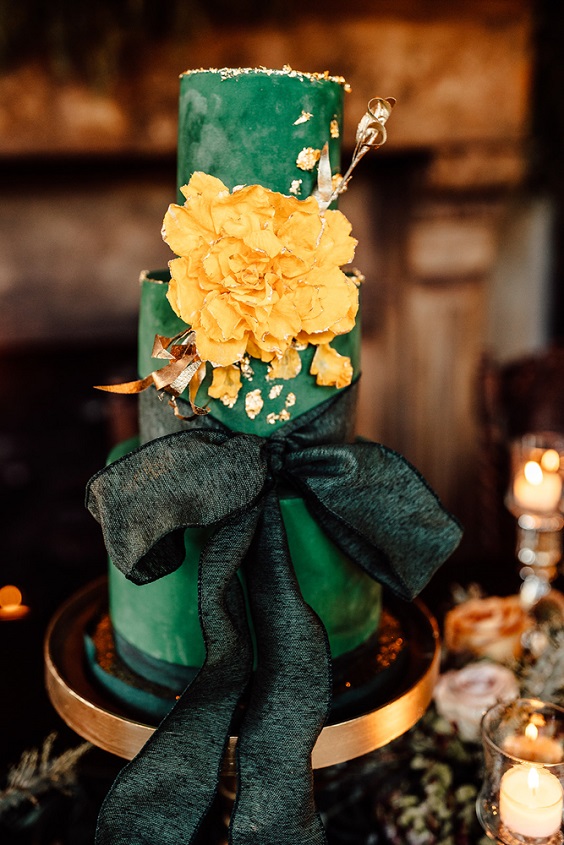 emerald wedding cake dotted with yellow flowers for yellow weddding themes for 2023 yellow and emerald