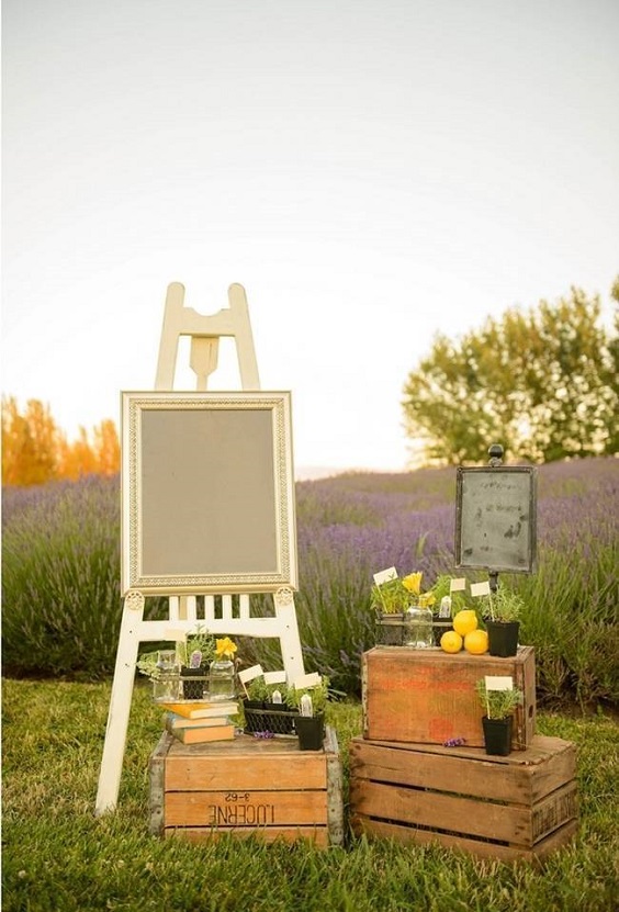 lavender field backdrop lemon styled boxes setting for yellow weddding themes for 2023 yellow and lavender