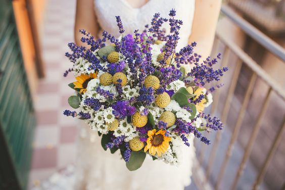 lavender yellow and white flower bridal bouquet for yellow weddding themes for 2023 yellow and lavender